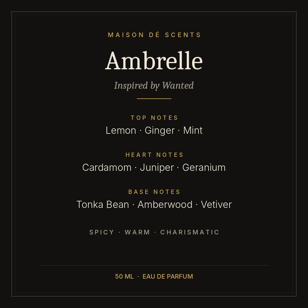 Ambrelle 50ml eau de parfum for men by Maison dé Scents, inspired by Wanted – warm and spicy