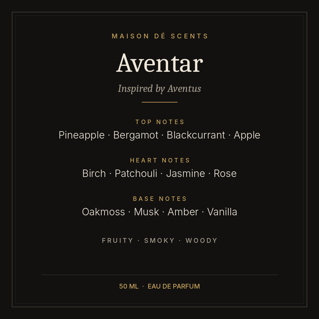Aventar 50ml eau de parfum by Maison dé Scents, inspired by Aventus – fruity, smoky and woody