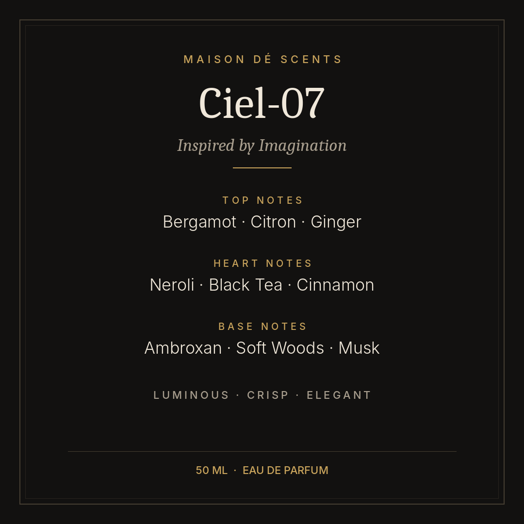 Ciel-07 50ml eau de parfum by Maison dé Scents, inspired by Imagination – luminous citrus and woods