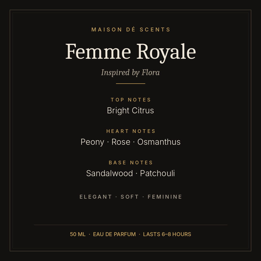 Femme Royale 50ml eau de parfum for women by Maison dé Scents, inspired by Flora – fresh floral