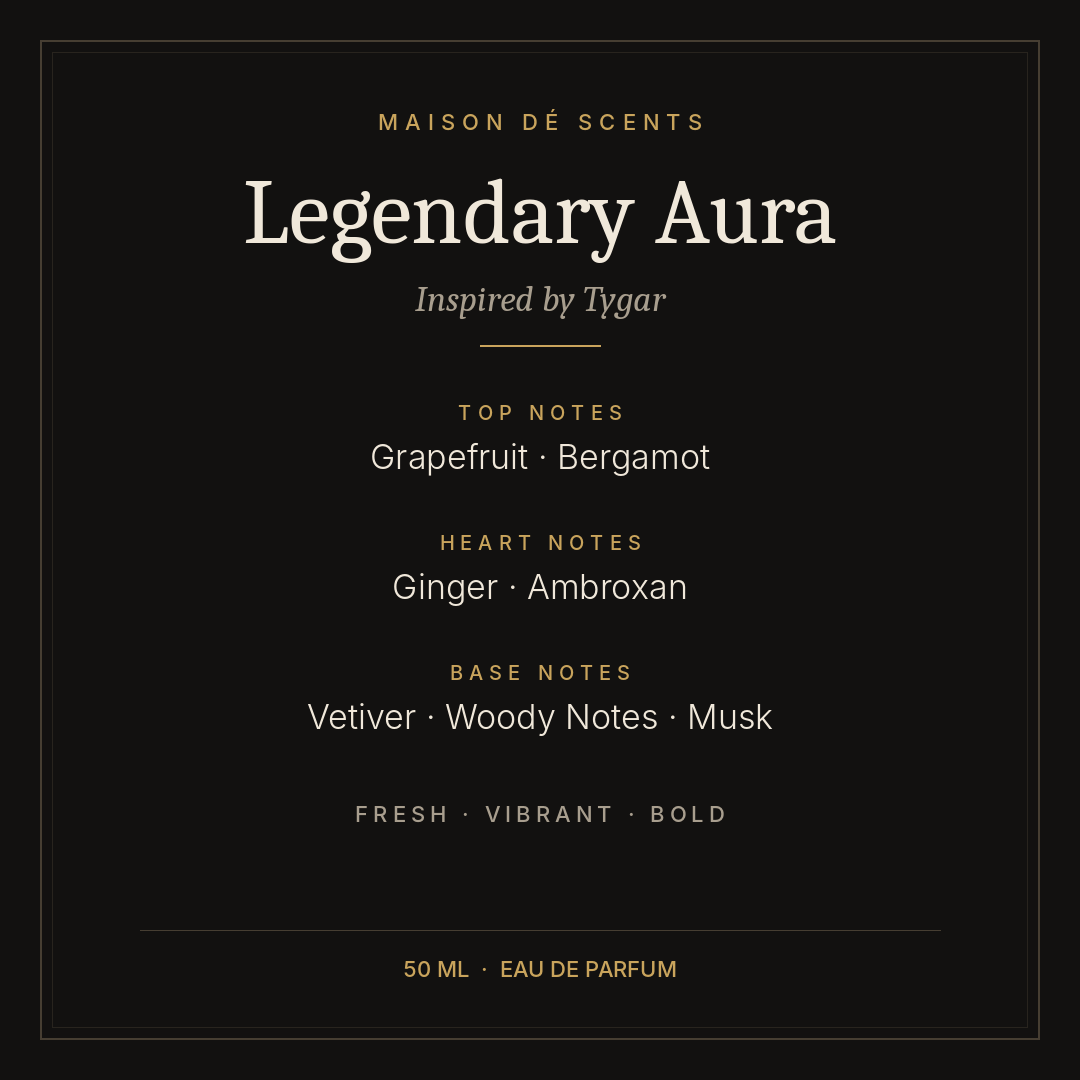 Legendary Aura 50ml eau de parfum by Maison dé Scents, inspired by Tygar – bright grapefruit and woods