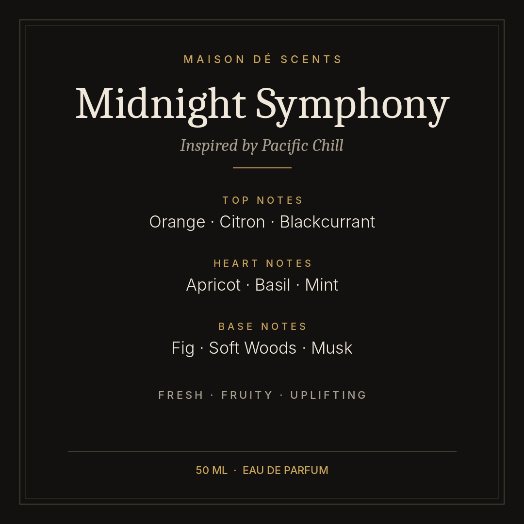 Midnight Symphony 50ml eau de parfum by Maison dé Scents, inspired by Pacific Chill – juicy fruit and citrus