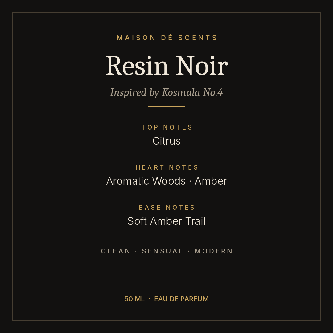 Resin Noir scent notes – top, heart and base notes
