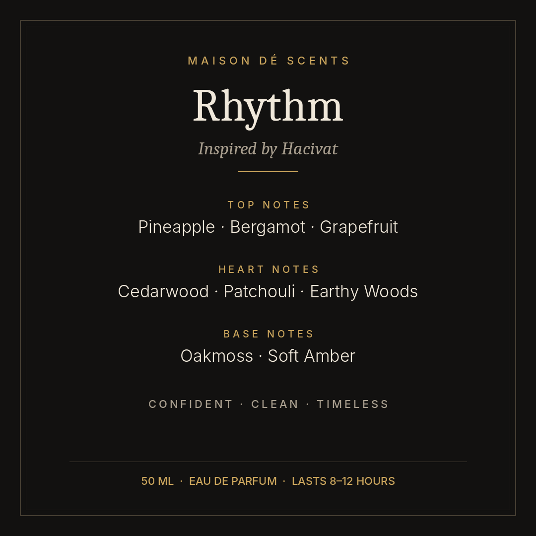 Rhythm 50ml eau de parfum by Maison dé Scents, inspired by Hacivat – pineapple, citrus and woods