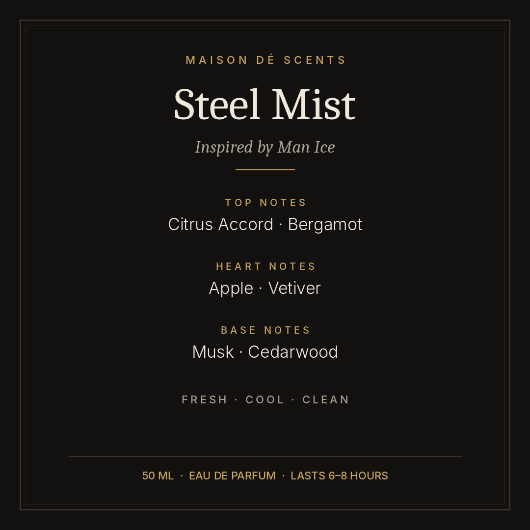 Steel Mist 50ml eau de parfum by Maison dé Scents, inspired by Man Ice – fresh and cool