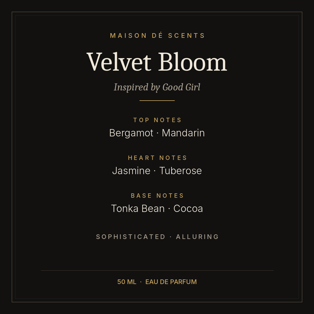 Velvet Bloom 50ml eau de parfum for women by Maison dé Scents, inspired by Good Girl – bold and seductive